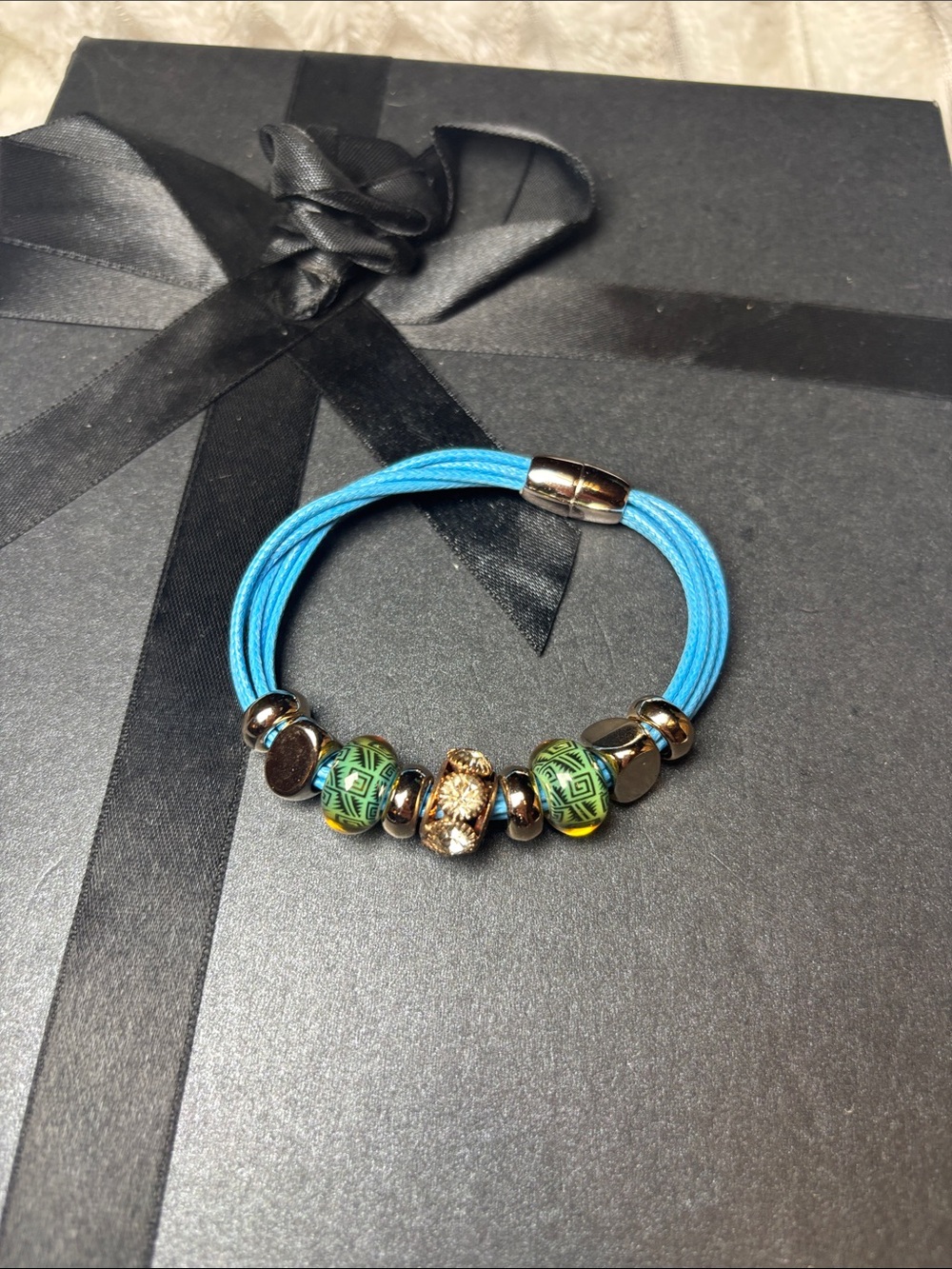 Blue Cord Beaded Bracelet with Green Glass Accents 8”